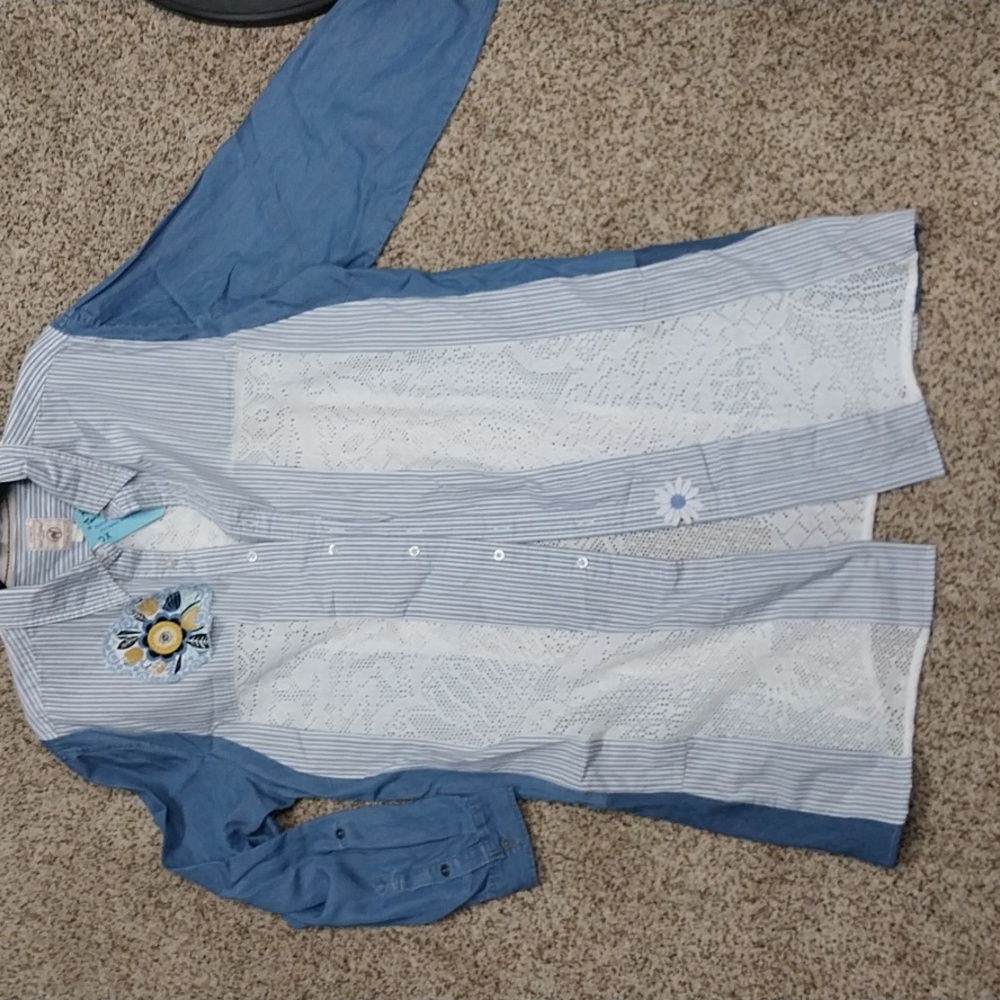 One of a Kind Original Embroidered Blue and White Button Down Shirt - NWOT - 2X